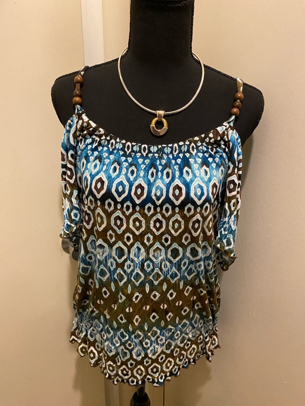 D) Cocomo Blue & Brown Geometric Cold-Shoulder Tunic.  Size Large